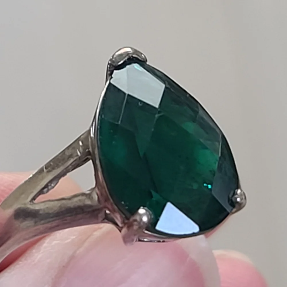 Emerald Green Teardrop Solitaire Ring, Sterling Silver Setting - Picture 1 of 11